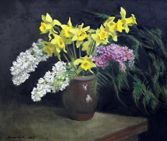 § Norman Hepple RA (1908-1994) Still life of flowers in a pottery vase, 20 x 24in.